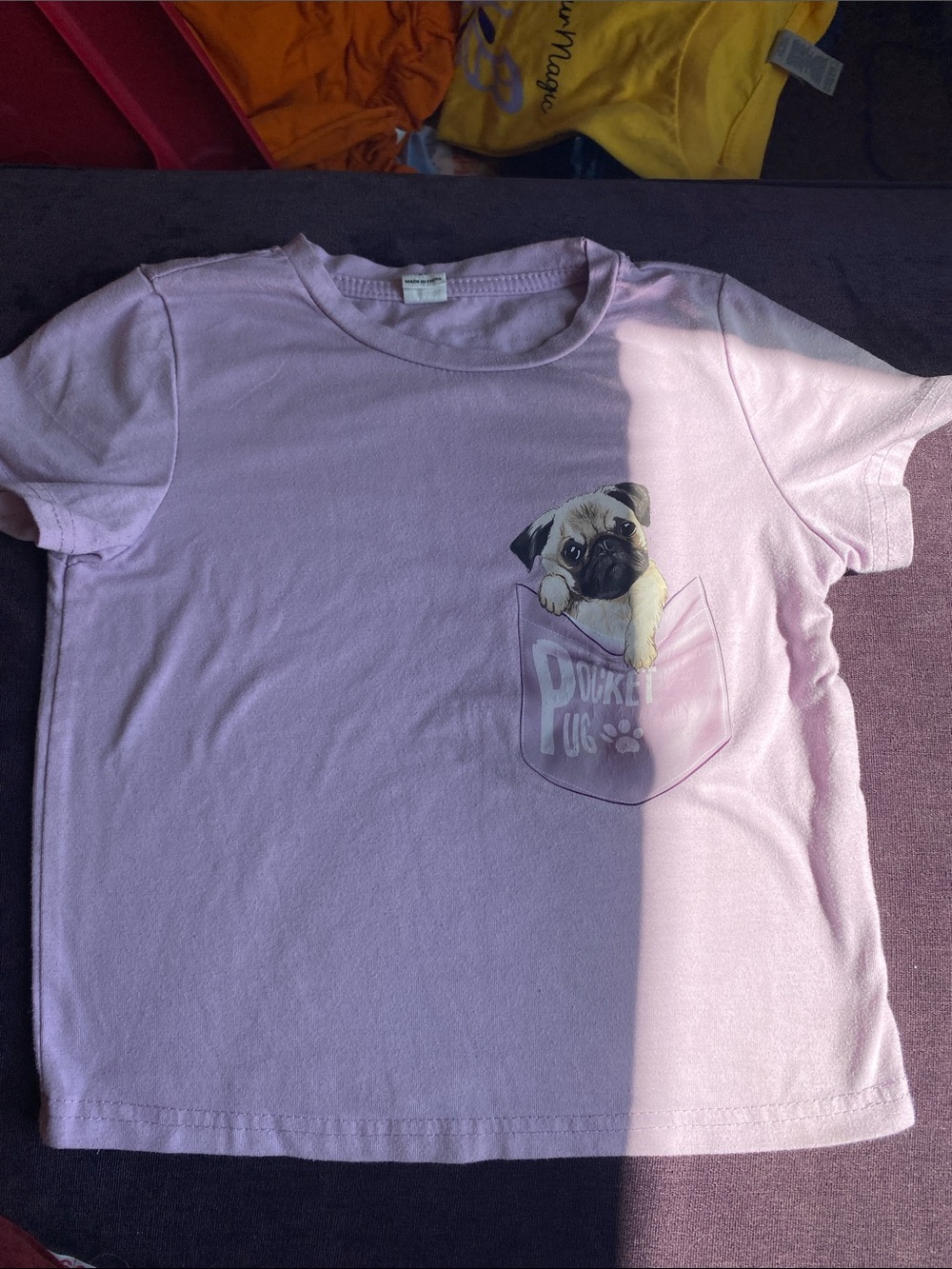 SHEIN Lavender Short Sleeve Tee with Pug Pocket Graphic/5Y